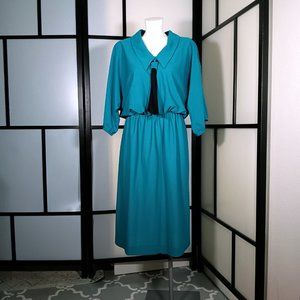 Vintage 70s Teal Polka Dot Lady Carol Blouson Dress with Tie